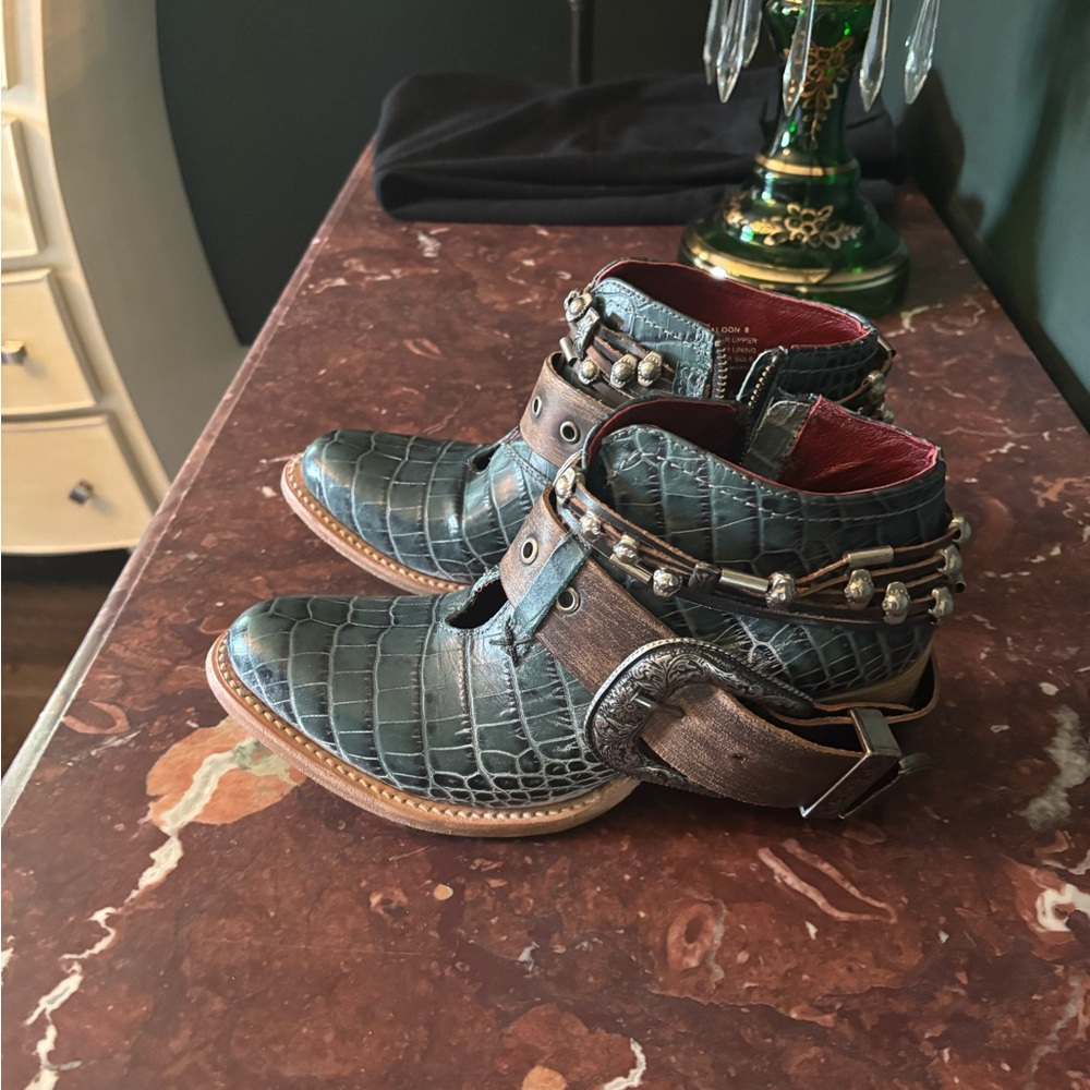 Crocodile Pattern Ankle Boots with Studded Straps